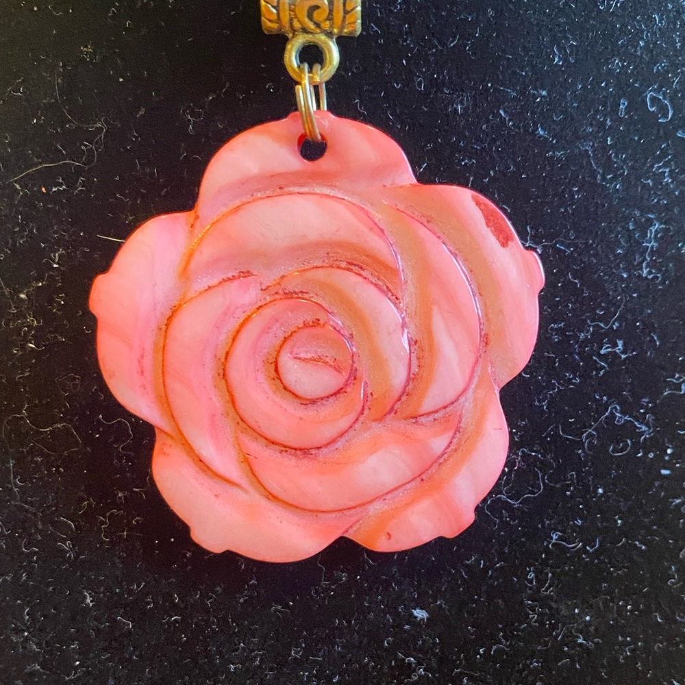 Salmon Pink Rose Pendant Necklace with Gold Bail